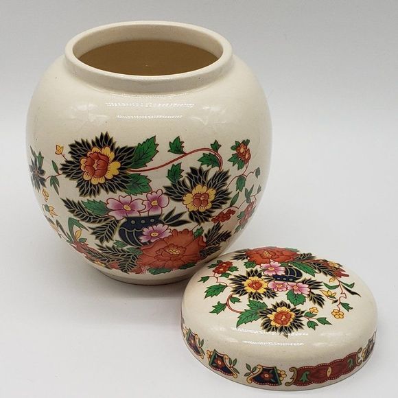 Sadler England Vintage Hand Painted Ceramic Indian Peony Lidded Ginger Jar - Picture 5 of 15